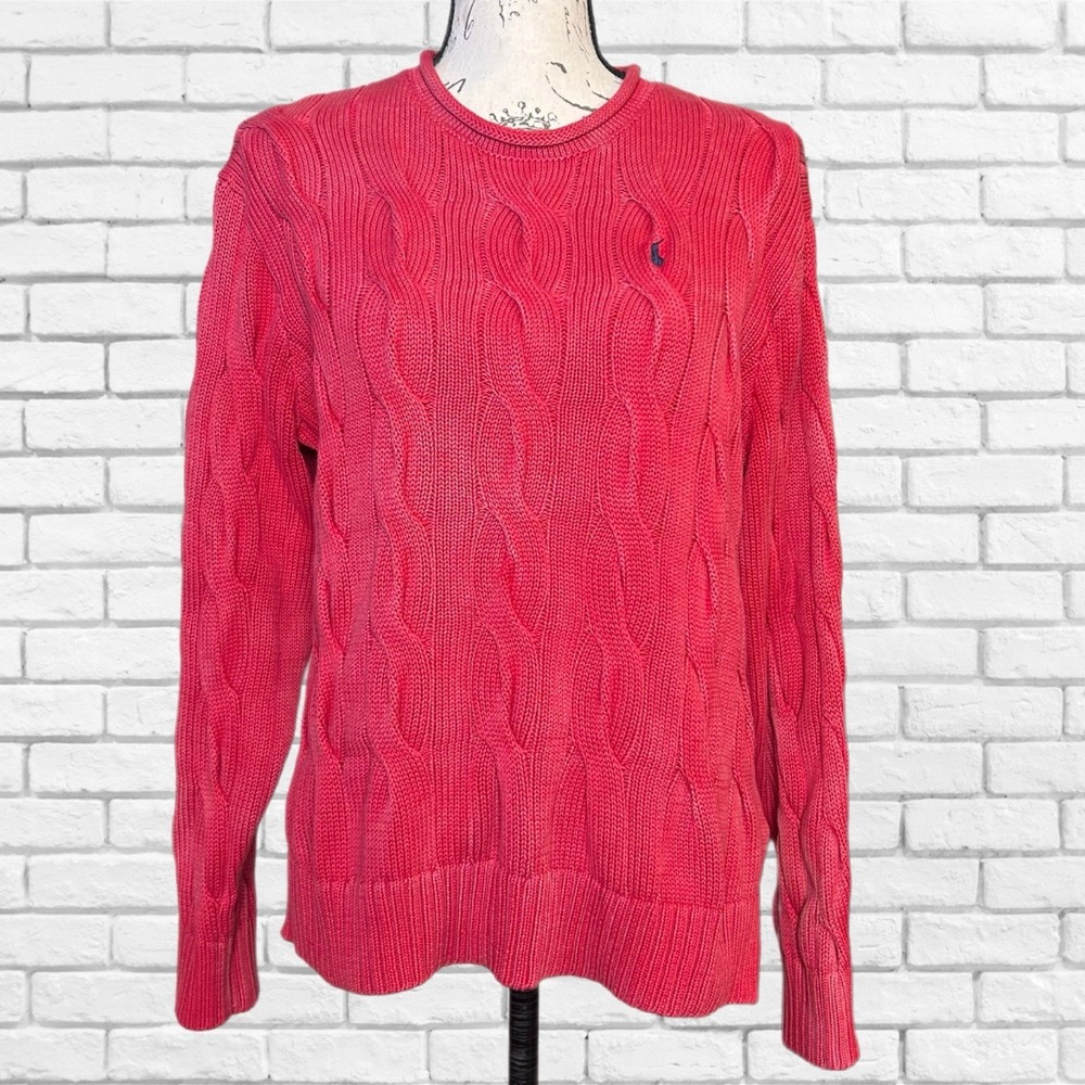 Polo Ralph Lauren Pink Cable Knit Cotton Sweater Womens Large Crew Neck Pony - Picture 2 of 8